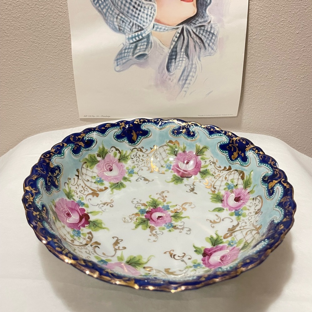 Nippon Hand Painted Bowl Floral Cobalt Blue Gold Scalloped Roses 9” Big Antique